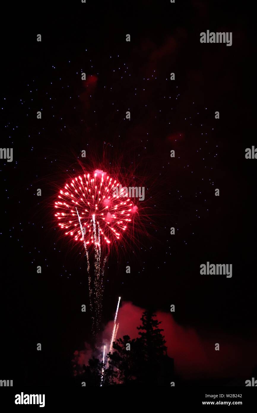 The fireworks display on the Fourth of July 2019 in Estes Park Colorado Stock Photo