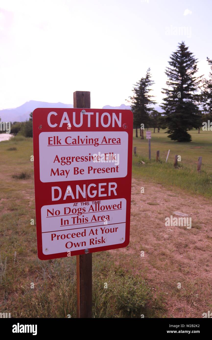 Caution!  Elk Calving Area Aggressive Elk may be Present! Stock Photo