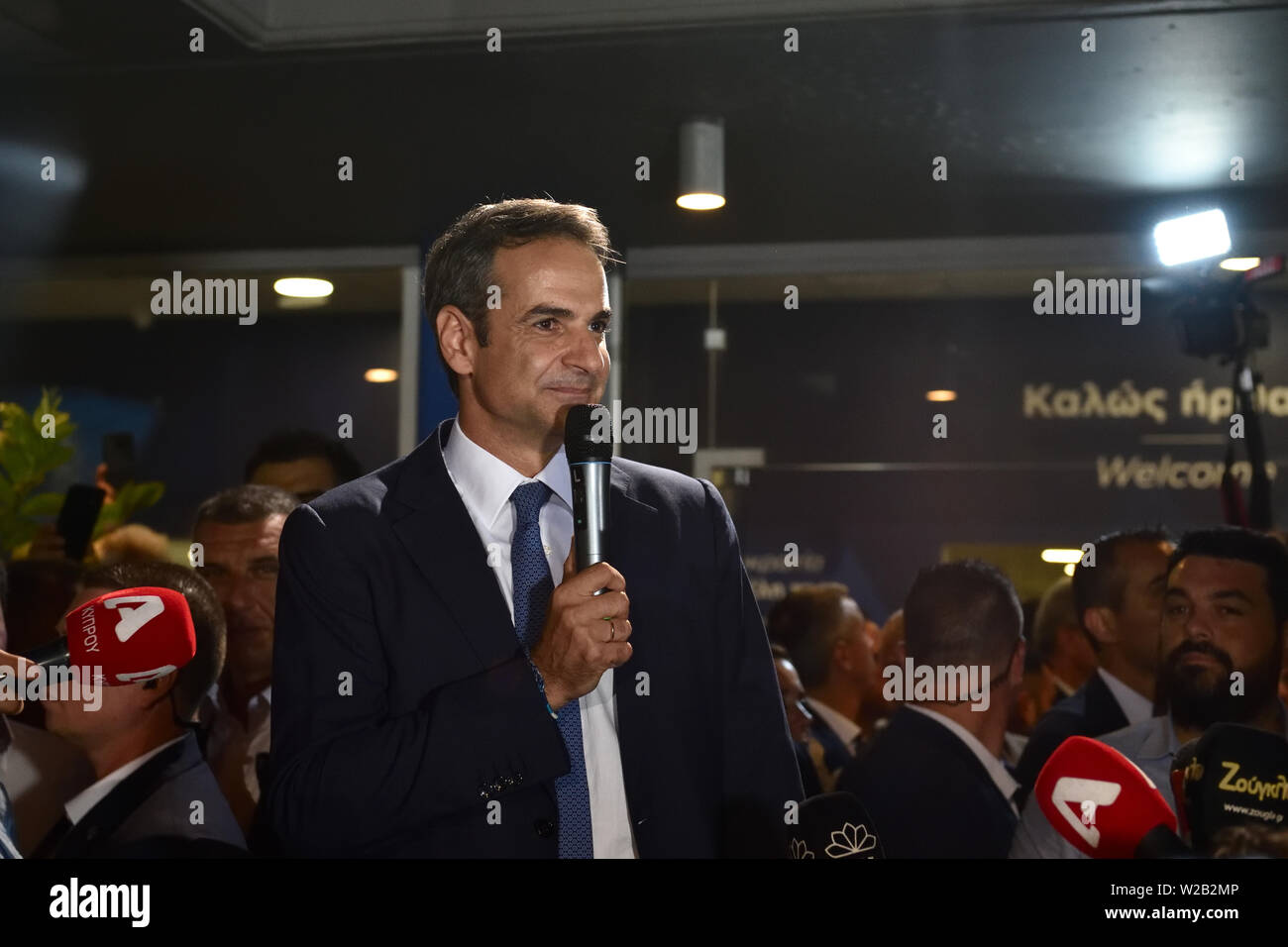 Athens, Greece. 7th Jul 2019. New Democracy leader Kyriakos Mitsotakis greets supporters at the party's headquarters following his victory at the parliamentary elections in Athens, Greece. Credit: Nicolas Koutsokostas/Alamy Stock Photo. Stock Photo