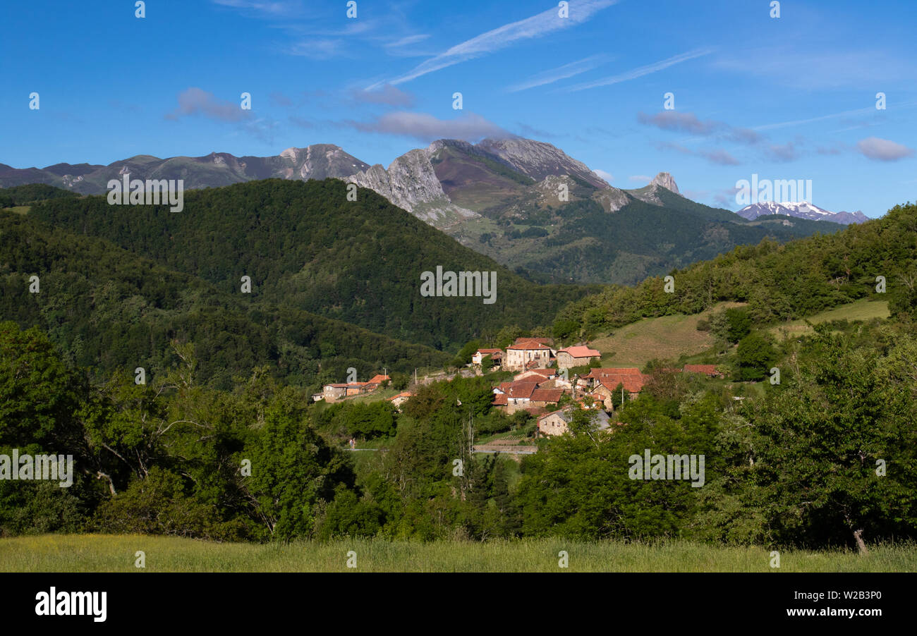 rustic alpine village of Bejes nestled in the mountains of Picos de Europa National Park in northern Spain Stock Photo