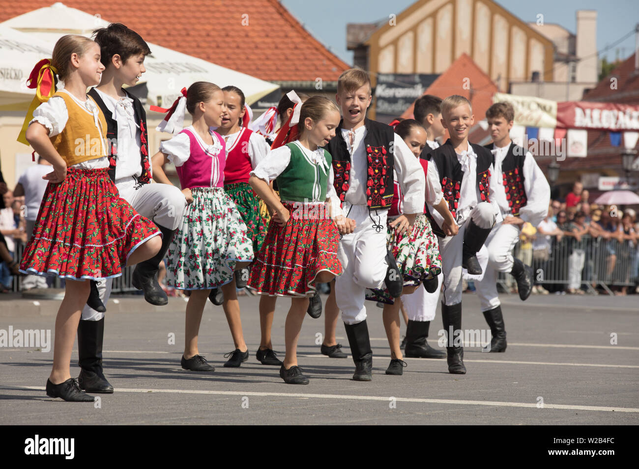 Dakovo, Croatia. 7th July, 2019. Children in traditional costumes perform during the 53rd Dakovacki vezovi festival in Dakovo, Croatia, on July 7, 2019. Dakovacki vezovi festival, one of the major cultural events in Croatia, presents traditional costumes and performances. Credit: Dubravka Petric/Xinhua/Alamy Live News Stock Photo