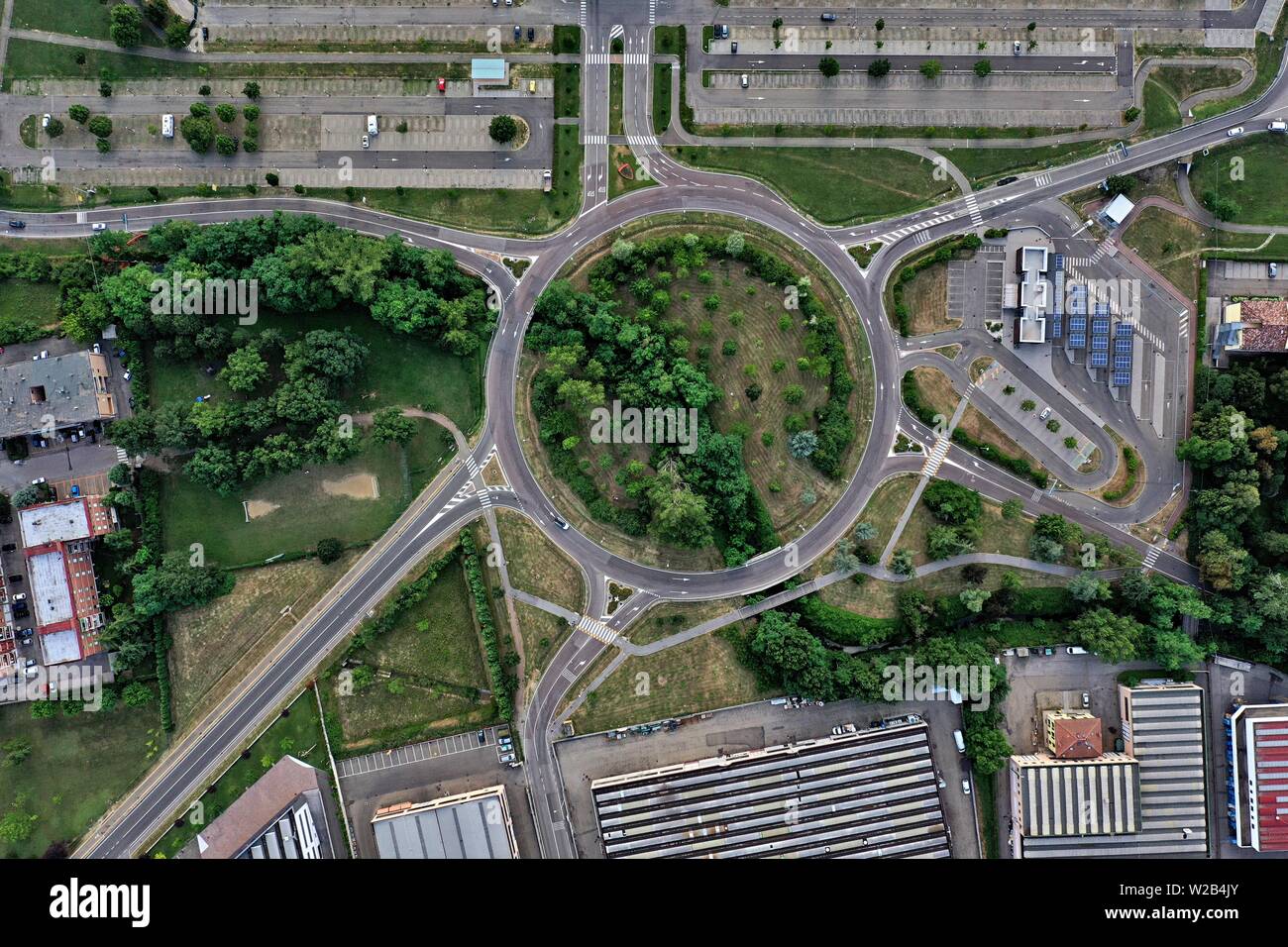 Maranello, Modena / Italy: Aerail view of a roundabout road with car ...