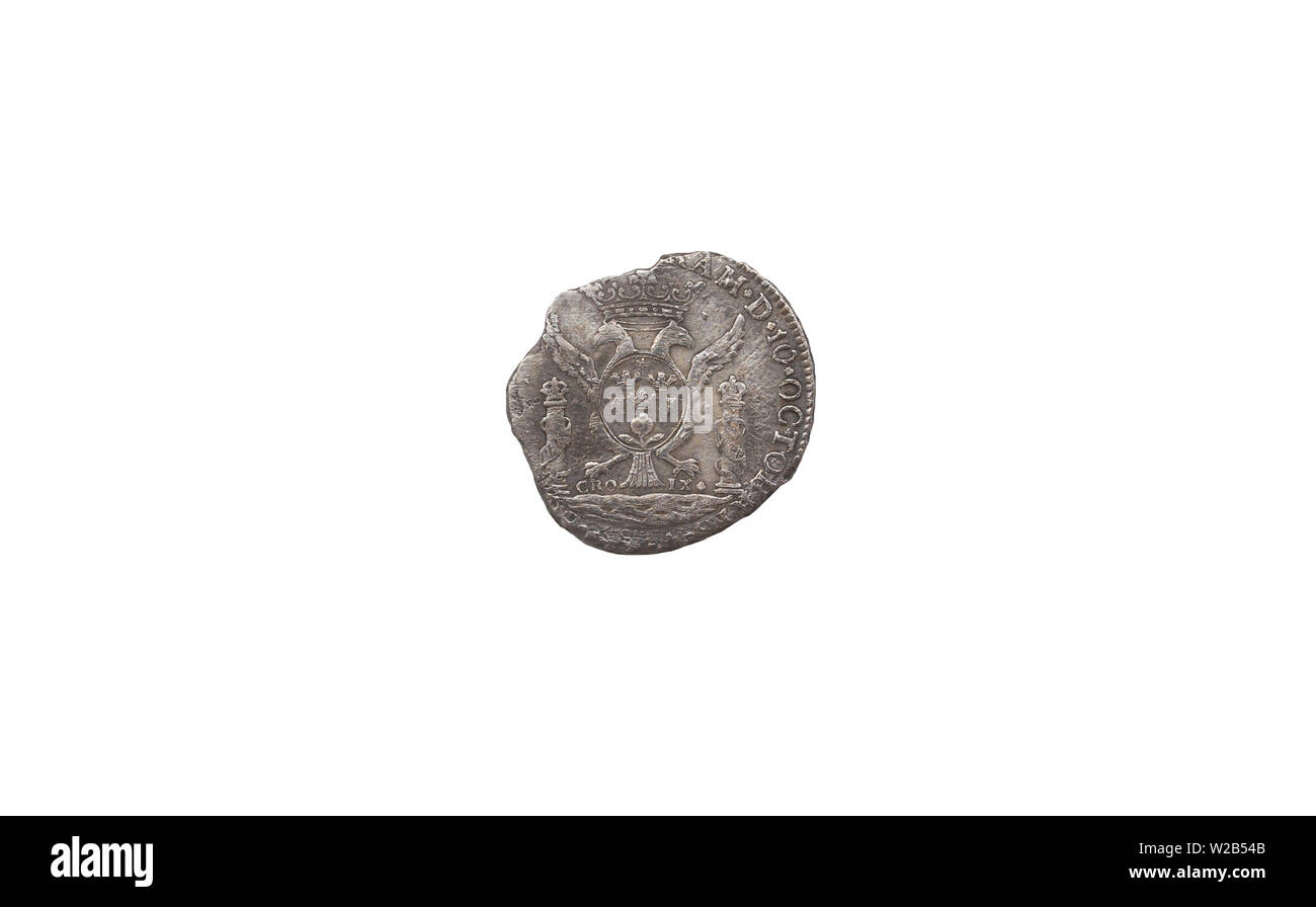 Cartagena, Spain - September 14th, 2018: Silver spanish medal commemorating the proclamation of Charles IV, Minted in Lima 1789. ARQUA Museum, Spain Stock Photo