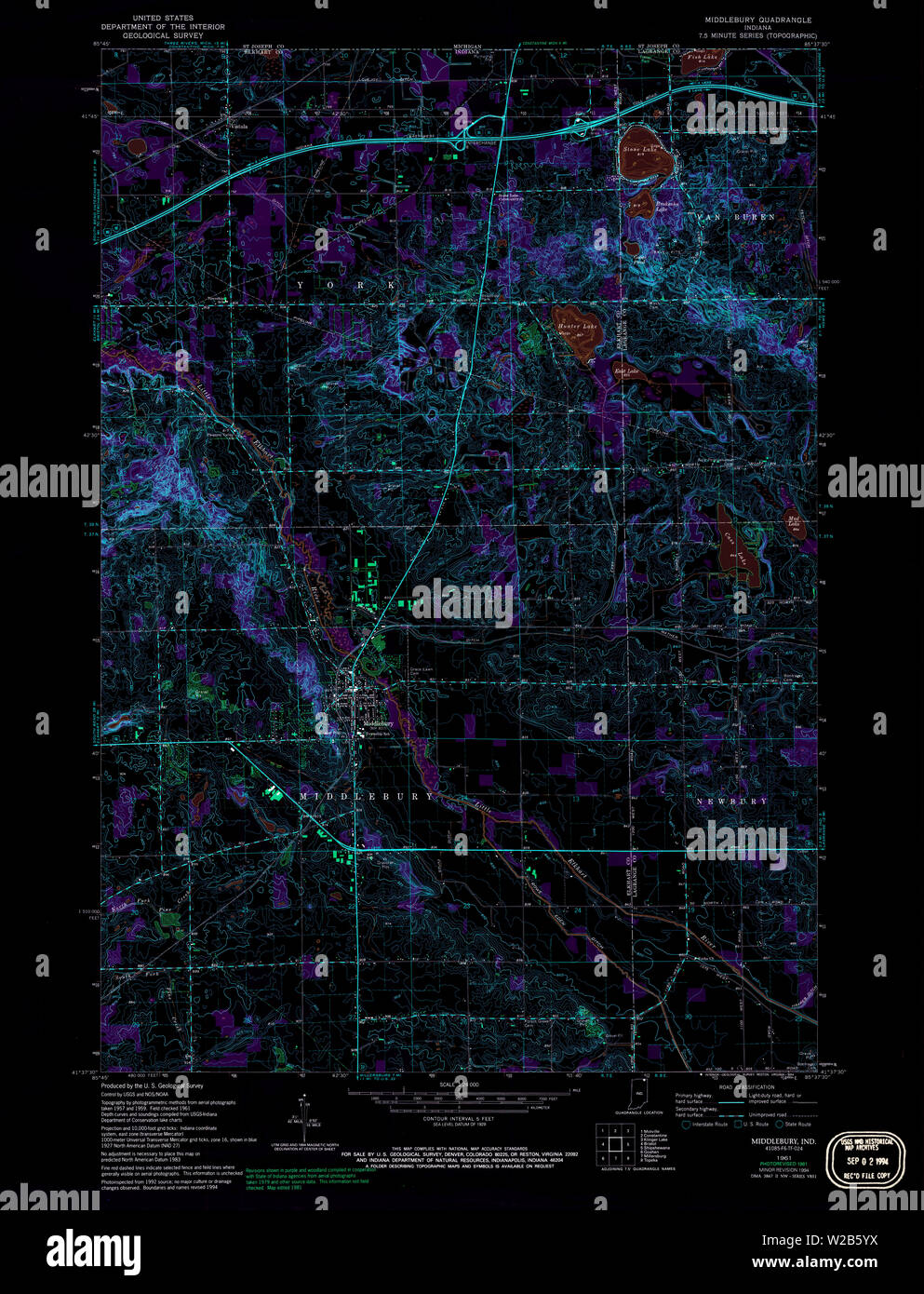 USGS TOPO Map Indiana IN Middlebury 155993 1961 24000 Inverted Restoration Stock Photo