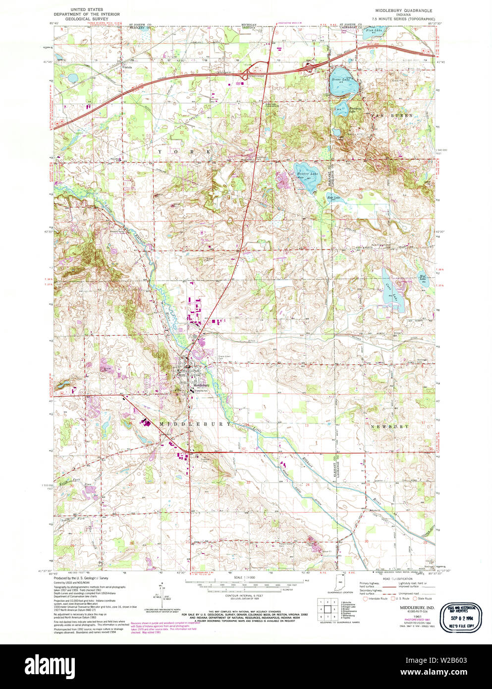 USGS TOPO Map Indiana IN Middlebury 155993 1961 24000 Restoration Stock Photo