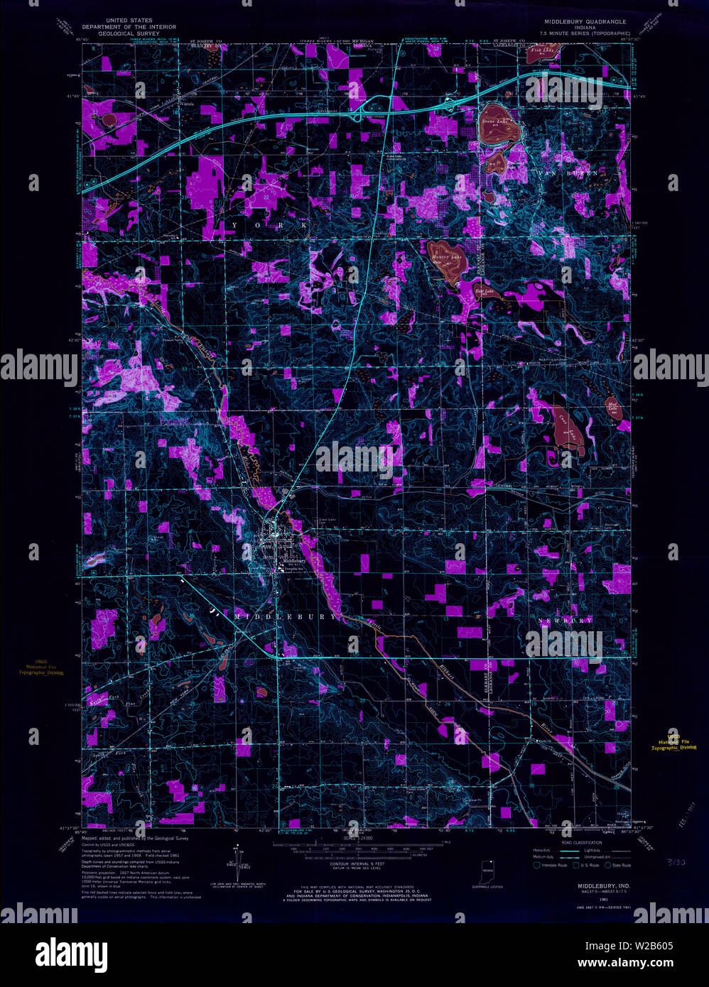 USGS TOPO Map Indiana IN Middlebury 160682 1961 24000 Inverted Restoration Stock Photo
