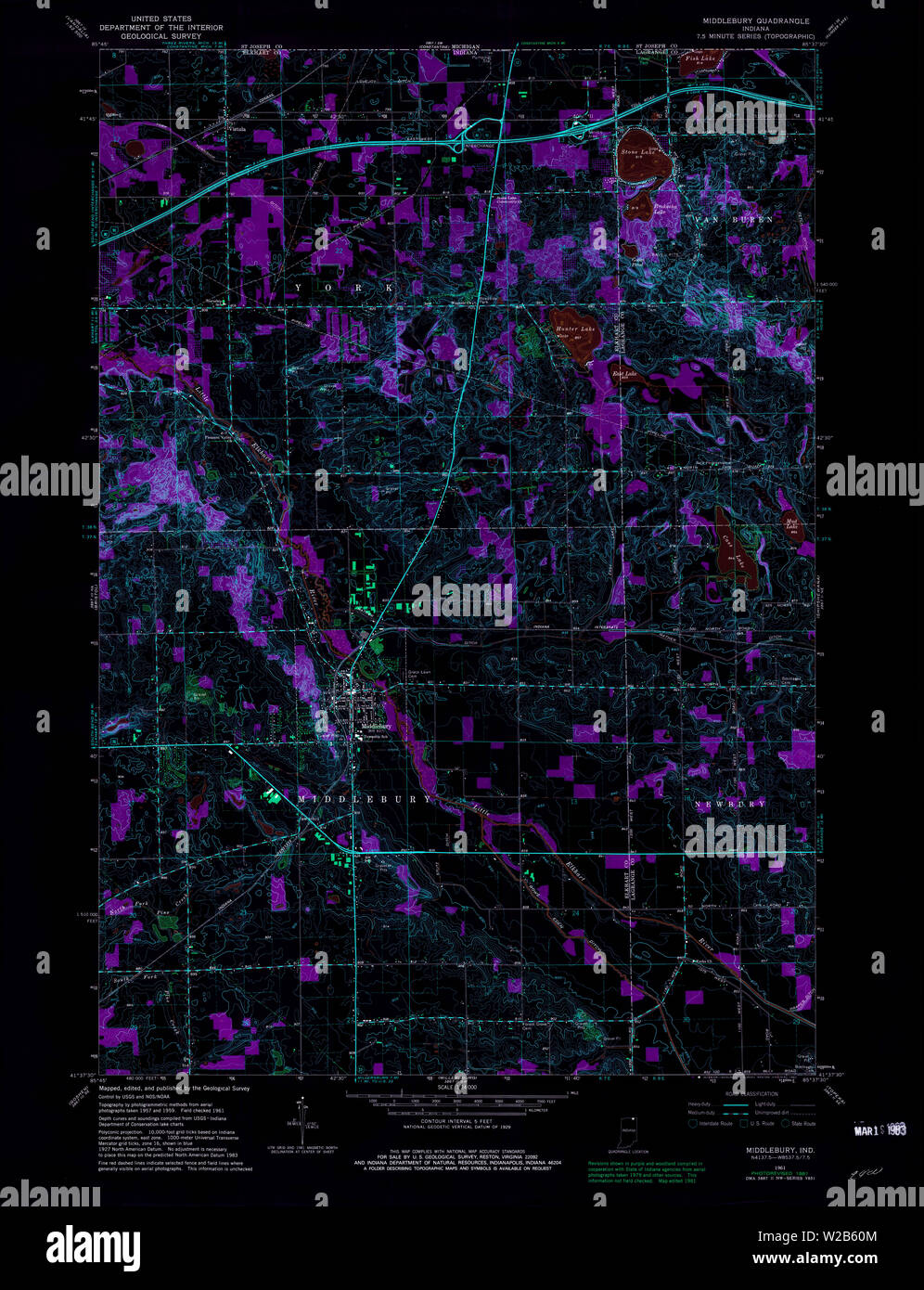 USGS TOPO Map Indiana IN Middlebury 160683 1961 24000 Inverted Restoration Stock Photo