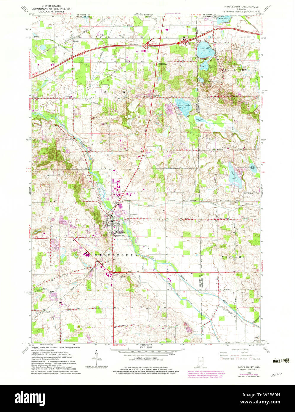 USGS TOPO Map Indiana IN Middlebury 160683 1961 24000 Restoration Stock Photo