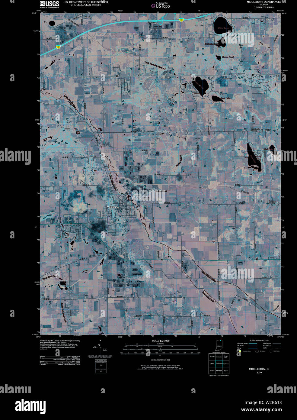 USGS TOPO Map Indiana IN Middlebury 20100514 TM Inverted Restoration Stock Photo