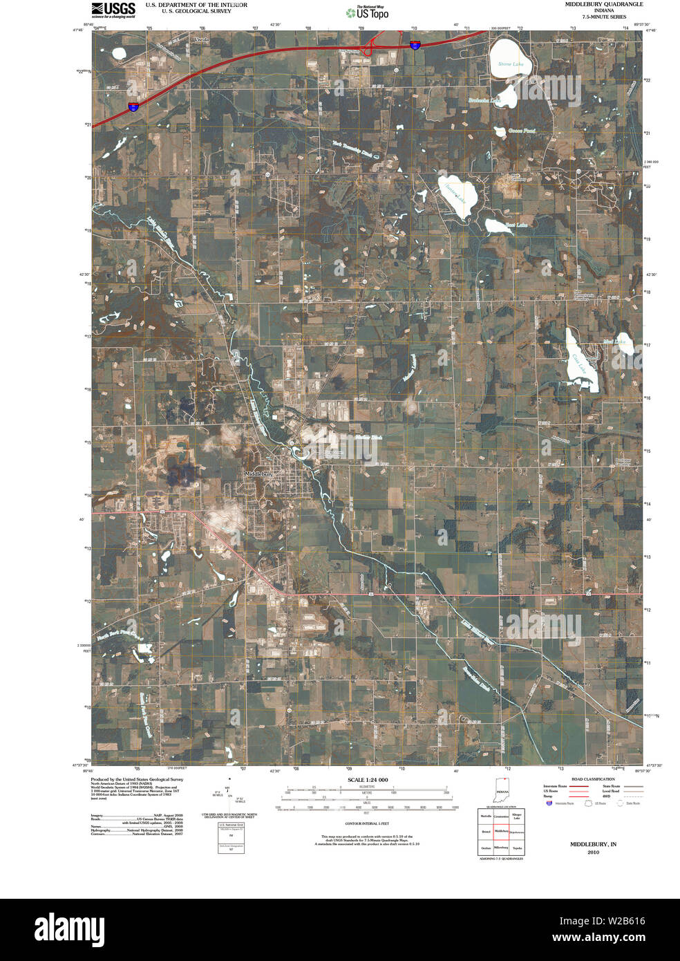 USGS TOPO Map Indiana IN Middlebury 20100514 TM Restoration Stock Photo