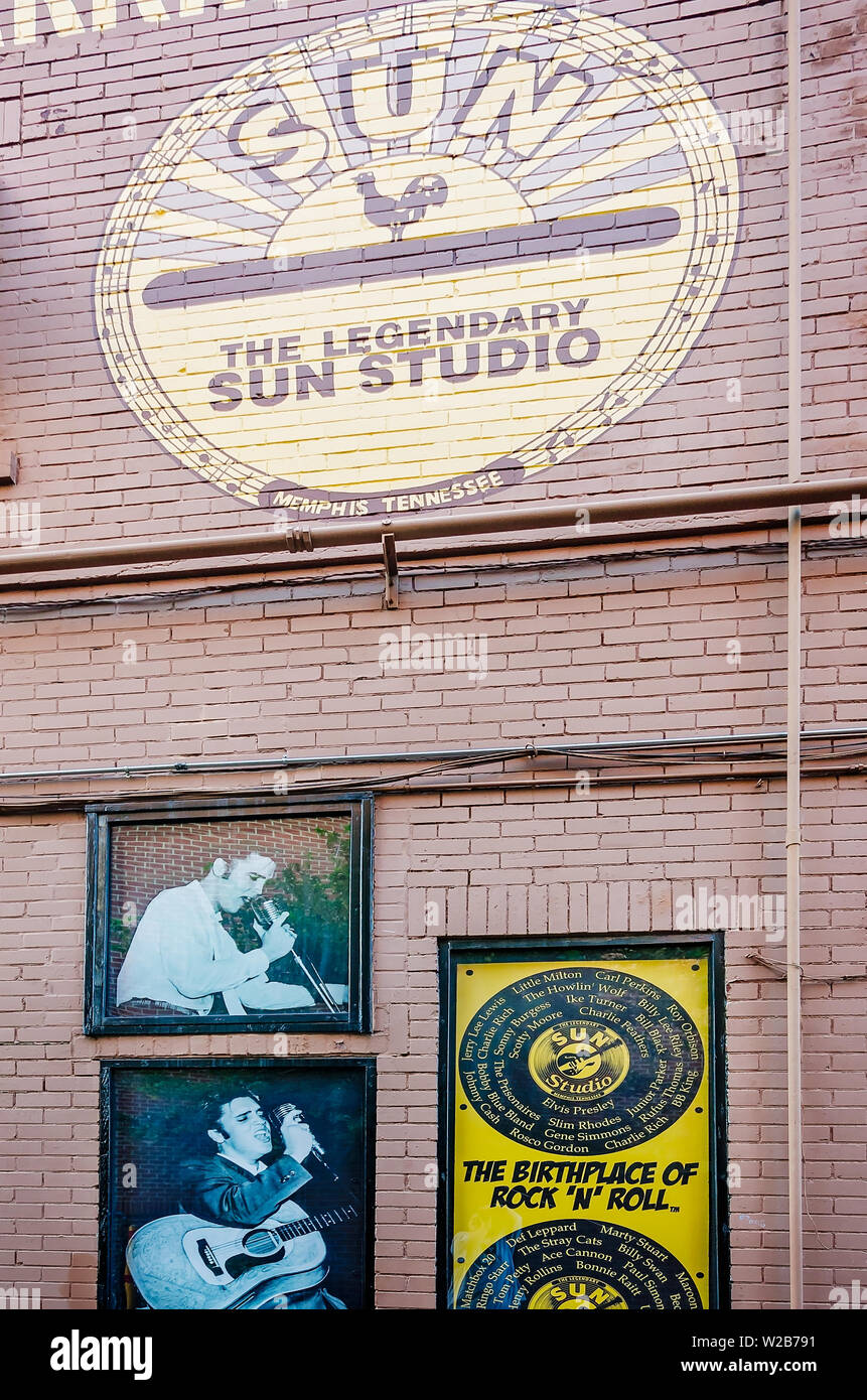 Pictures of singer Elvis Presley adorn the wall outside Sun Studio, Sept. 6, 2015. The recording studio and record label were made famous by singers l Stock Photo