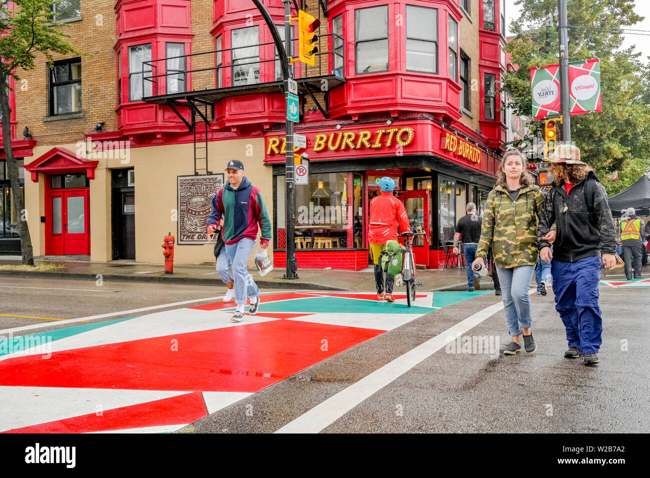 Italian colours intersection crossing, Commercial Drive, Vancouver, British Columbia, Canada Stock Photo