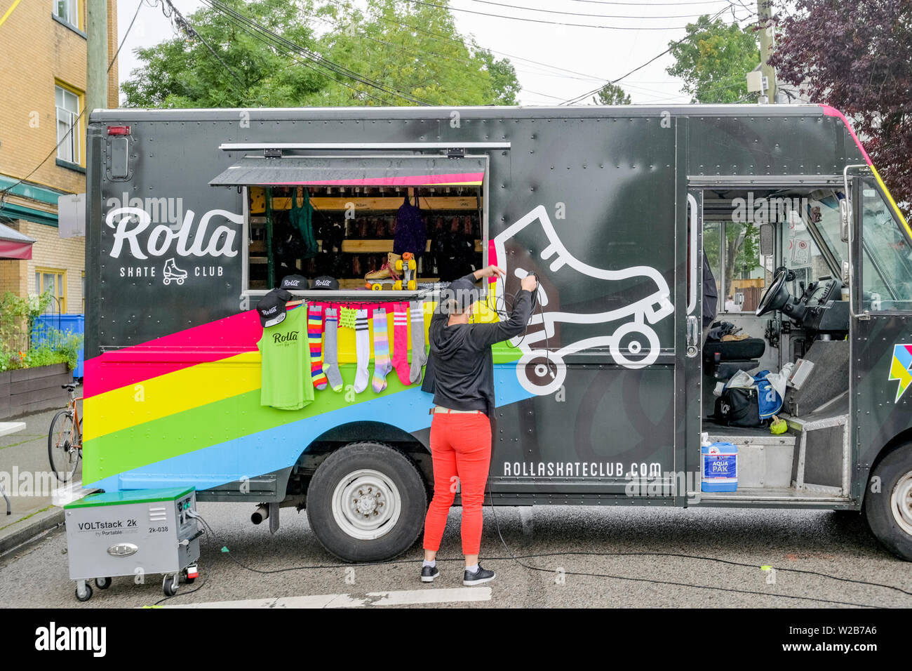 Rolla Roller Skate Club Truck, Car Free Day, Commercial Drive, Vancouver, British Columbia, Canada Stock Photo