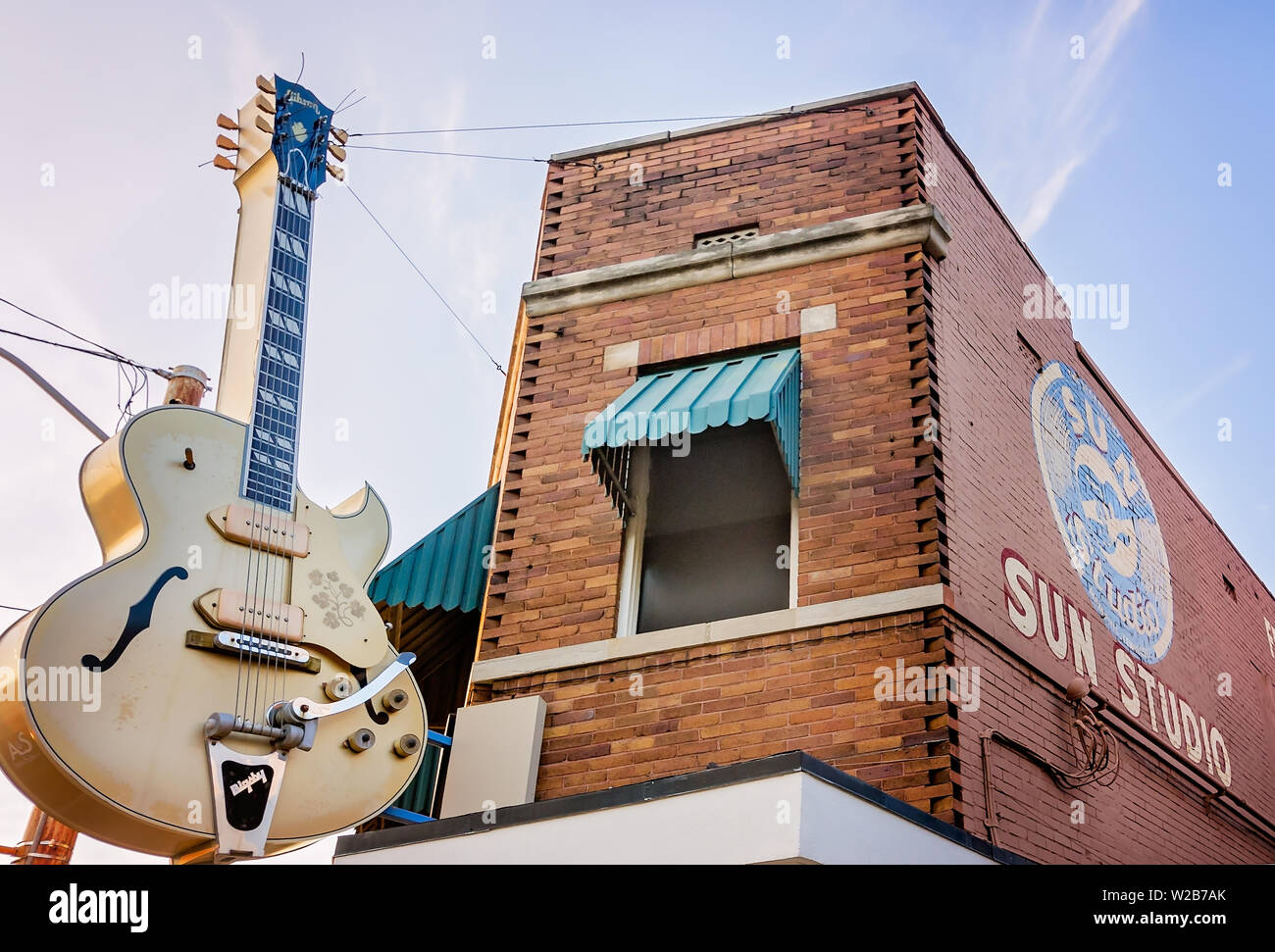 The sun sets on Sun Studio, Sept. 6, 2015. The recording studio and record label were made famous by singers like Elvis Presley and Johnny Cash. Stock Photo