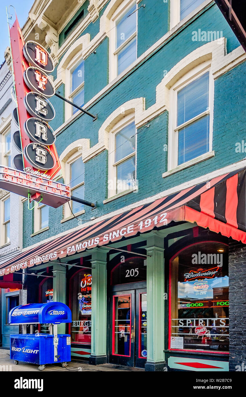 A neon sign hangs above Dyer’s Burgers on Beale Street, Sept. 12, 2015, in Memphis, Tennessee. Stock Photo