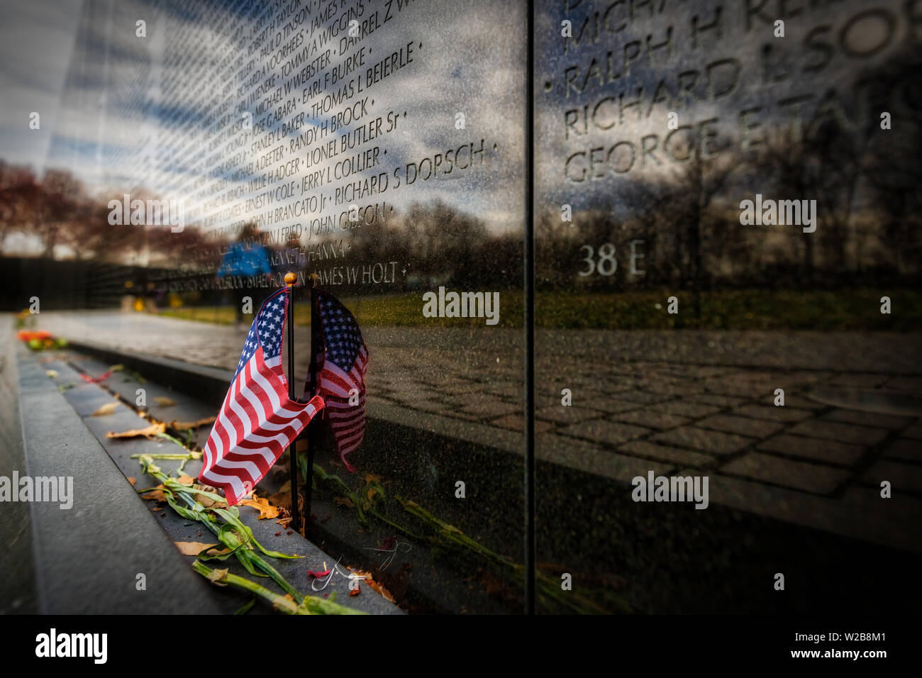 An American flag placed at the Vietnam Veterans Memorial in Washington, DC on Independence Day. Stock Photo