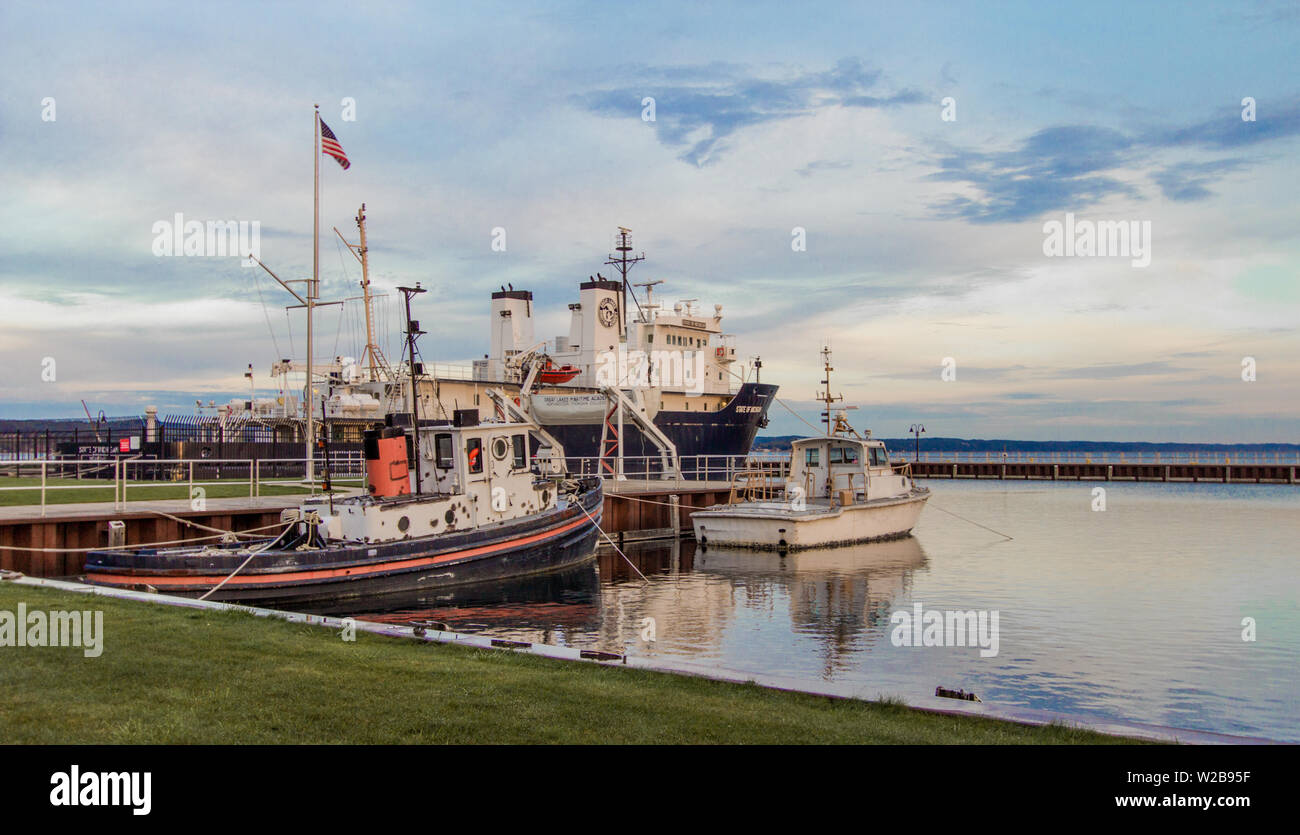Traverse City, Michigan - Research vessels docked at Northern Michigan University on the Great Lakes coast as climate change becomes a concern. Stock Photo