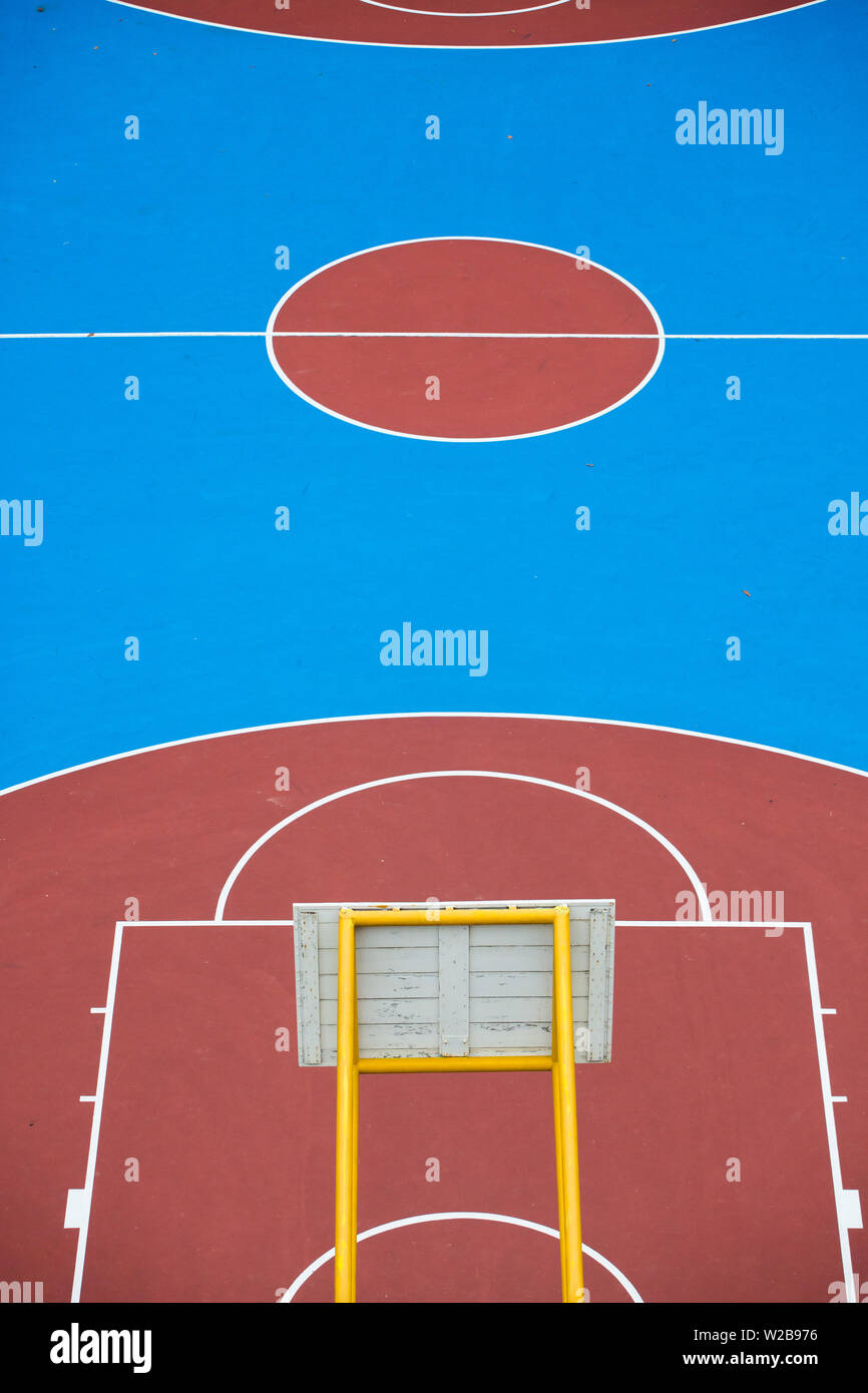 Colours of a basketball court in blue and red surface from aerial perspective Stock Photo