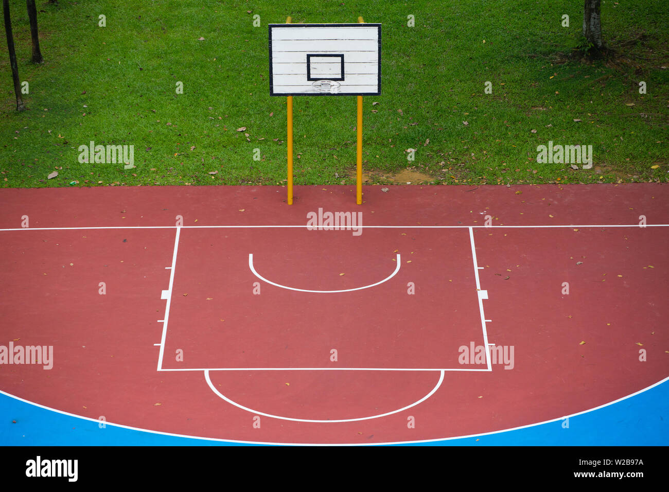 Colours of a basketball court in blue and red surface from aerial perspective Stock Photo