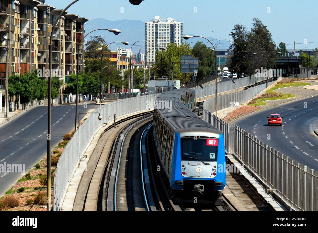 SANTIAGO, CHILE - FEBRUARY 2015: A Santiago Metro train going to Parque O' Higgins station Stock Photo