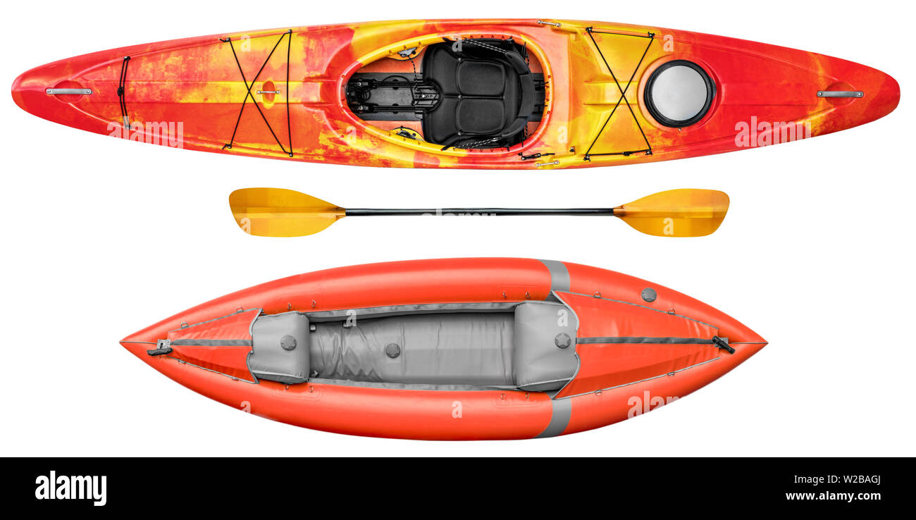 inflatable whitewater kayak and crossover river kayak with a paddle isolated on white, overhead view Stock Photo