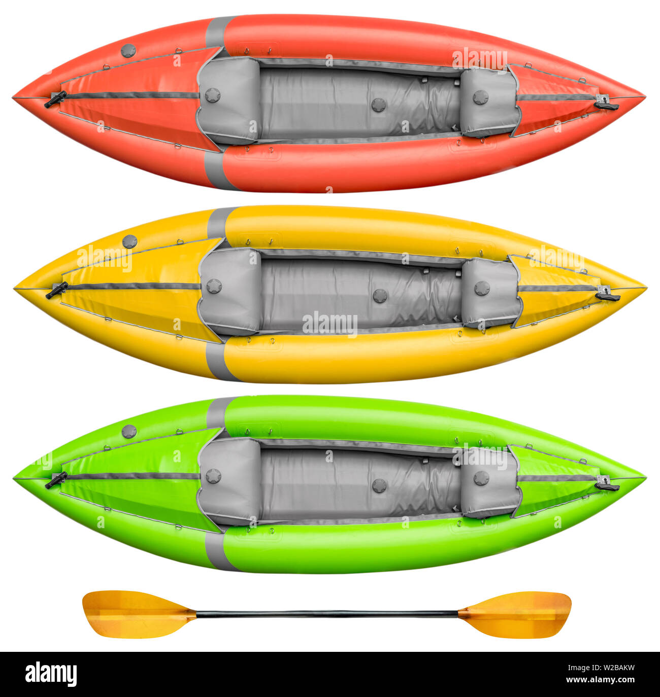 inflatable whitewater one person kayak and a paddle isolated on white, overhead view, different color versions Stock Photo