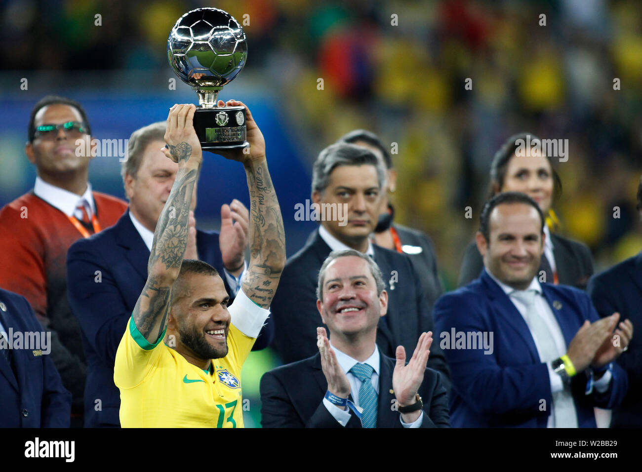 Rio de Janeiro, Brazil. 08th July, 2019. 7th July 2019; Maracana Stadium, Rio de Janeiro, Brazil; Copa America football final, Brazil versus Peru; Daniel Alves of Brazil, best player of Copa America celebrates with his trophy after the match Credit: Action Plus Sports Images/Alamy Live News Stock Photo