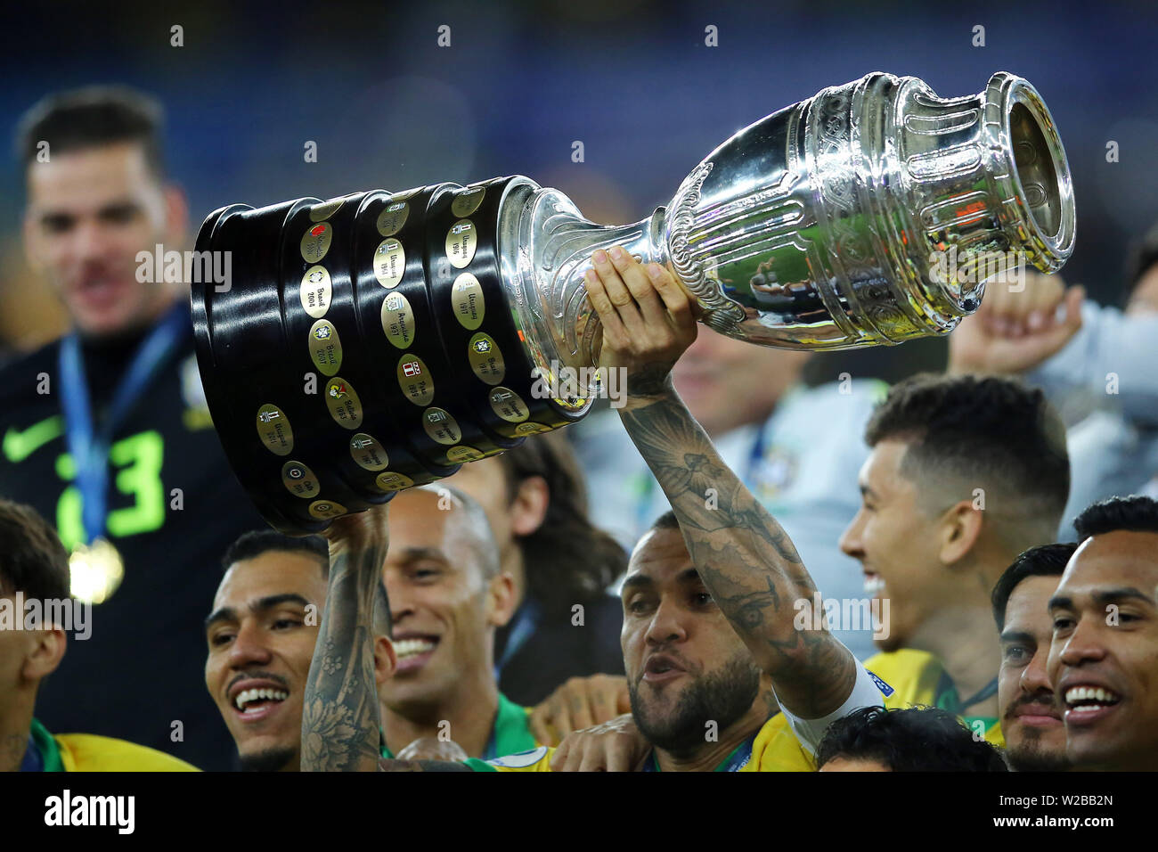 Rio de Janeiro, Brazil. 08th July, 2019. 7th July 2019; Maracana Stadium, Rio de Janeiro, Brazil; Copa America football final, Brazil versus Peru; Daniel Alves of Brazil celebrates after the match with the trophy Credit: Action Plus Sports Images/Alamy Live News Stock Photo