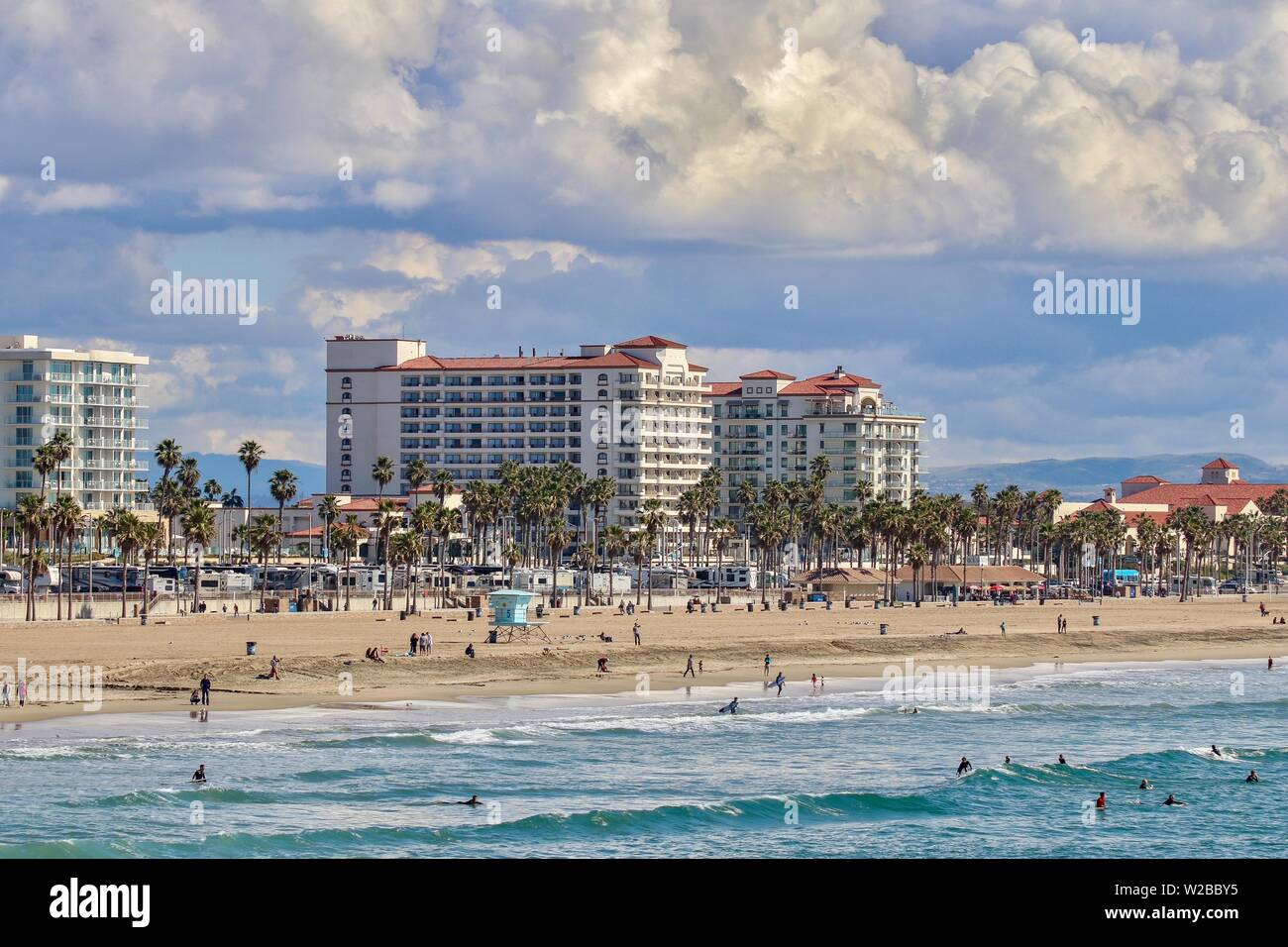 Huntington Beach California coastline showing hotels and the beach Stock  Photo - Alamy