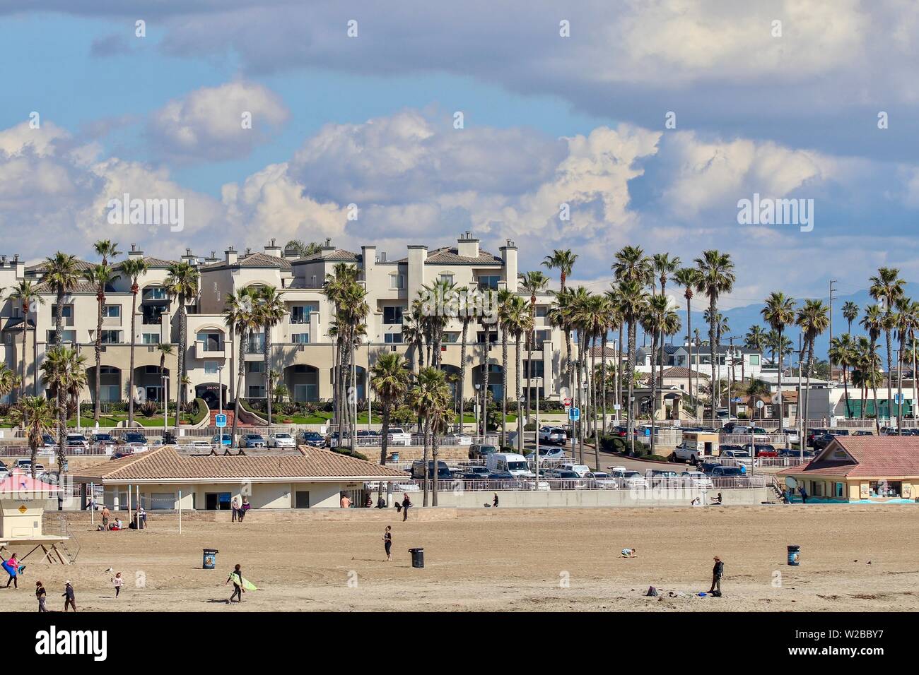 Huntington Beach California coastline showing hotels and the beach