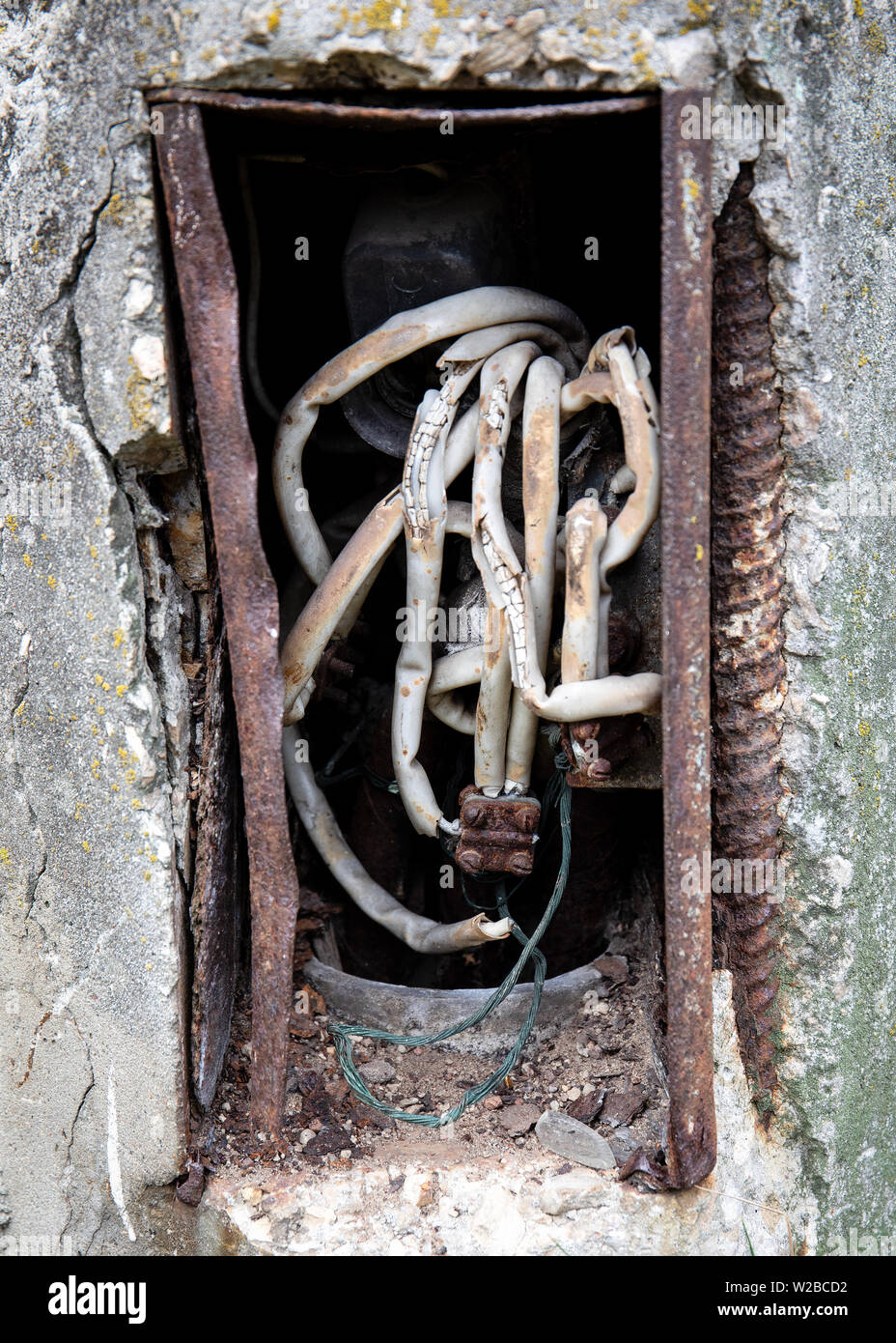 Old wiring. Construction, safety and danger background Stock Photo - Alamy