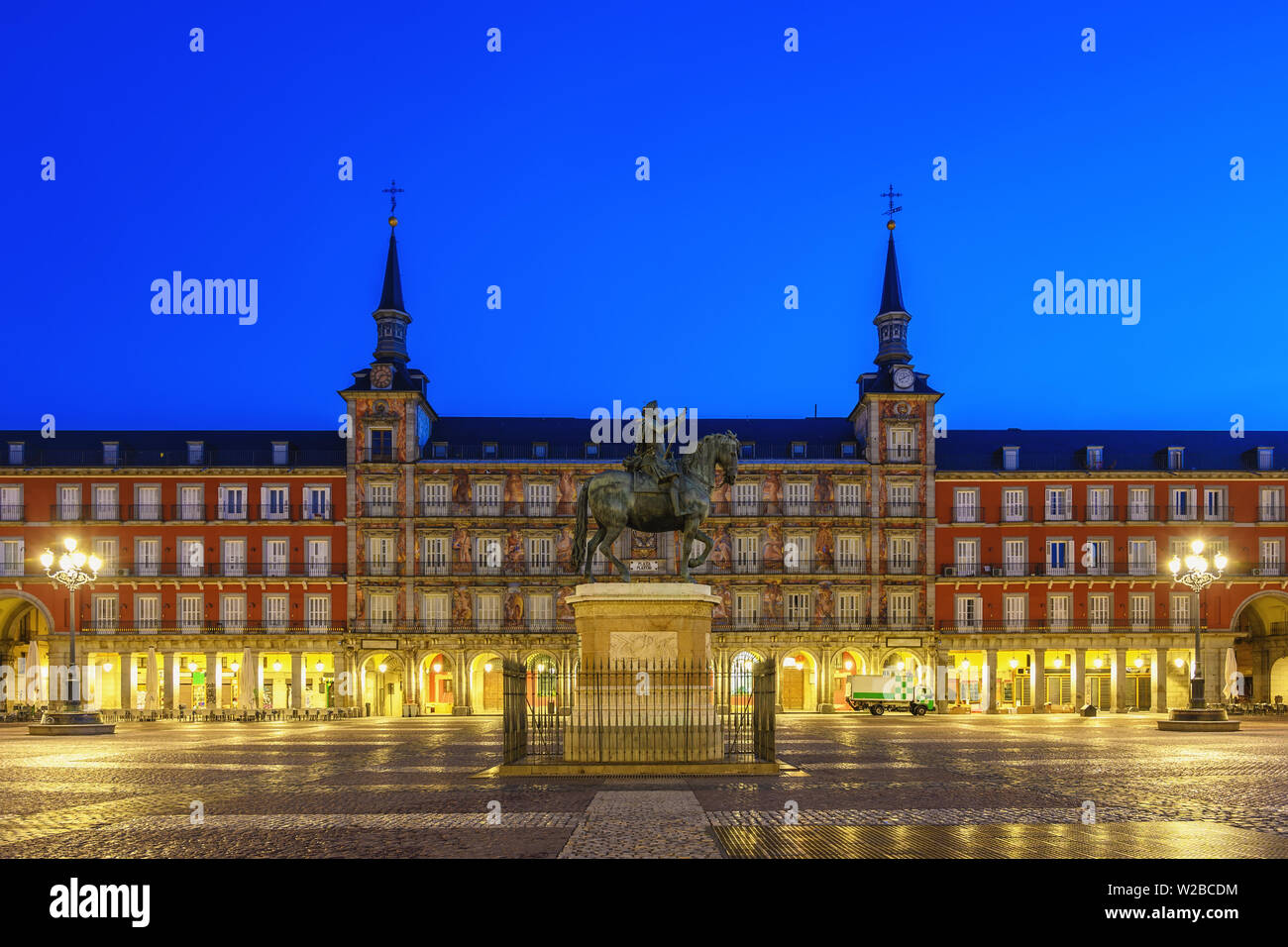 Madrid Spain, city skyline night at Plaza Mayor Stock Photo