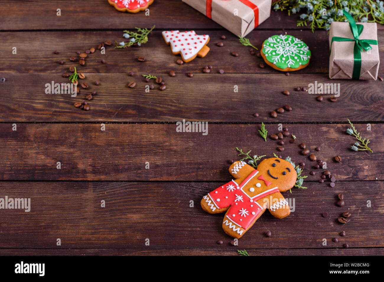 Christmas morning with fragrant coffee, gifts, gingerbread and the