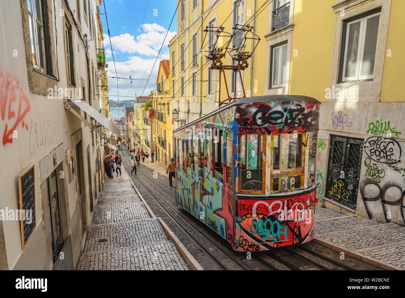 LISBON, PORTUGAL - APRIL 10, 2019: Lisbon Portugal city skyline at Chiado district and Lisbon Tram Stock Photo