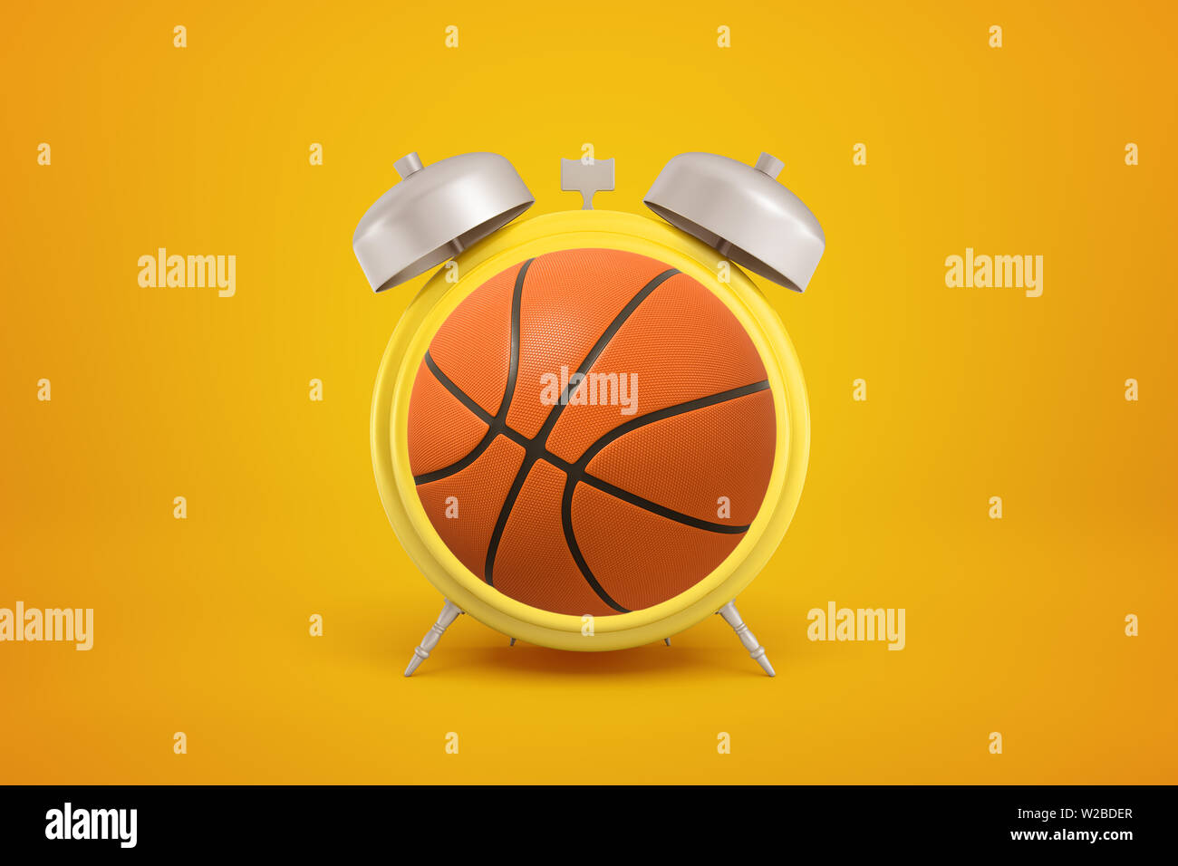 3d rendering of orange basketball ball shaped as alarm clock on yellow background Stock Photo