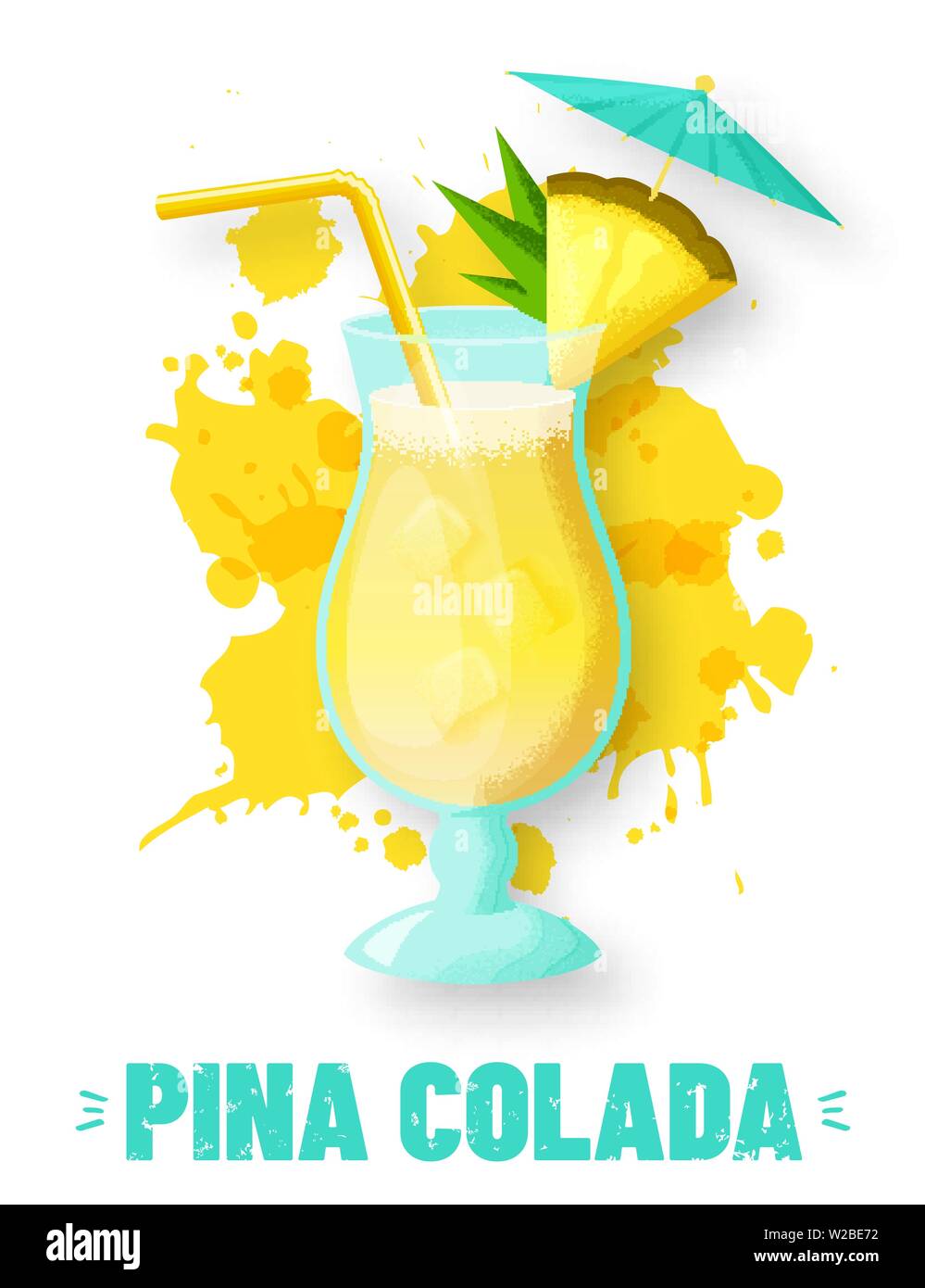 Pina colada with pineapple slice, straw and umbrella. Modern banner with glass of alcoholic drink and juice splashes. Vector illustration isolated on Stock Vector