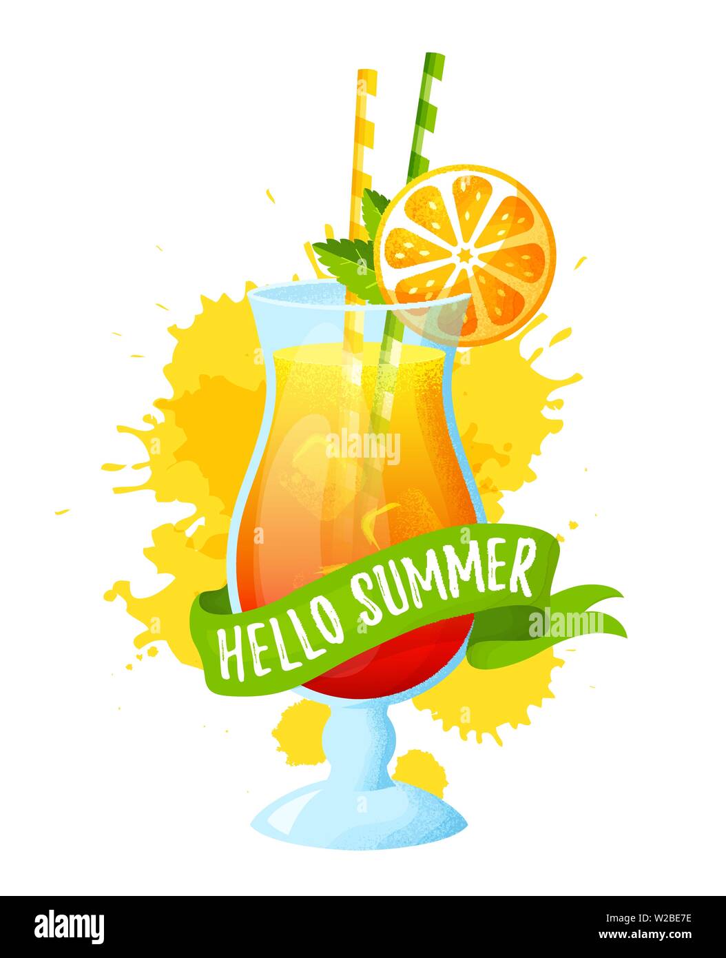 Hello summer! Tropical cocktail in glass. Vector illustration isolated on white background. Banner with refreshing drink, ribbon and juice splashes. Stock Vector