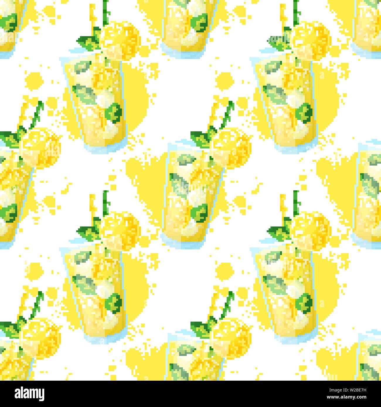 Lemonade seamless pattern. Vector background with fresh and sweet summer drink and paint spots. Stock Vector