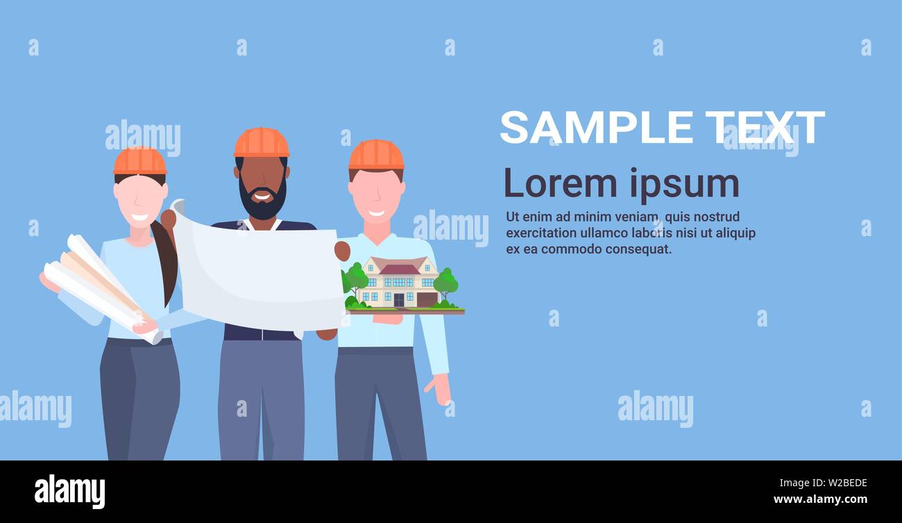 architects working with blueprints mix race engineers team discussing new building project during meeting builders in helmet industrial technicians Stock Vector
