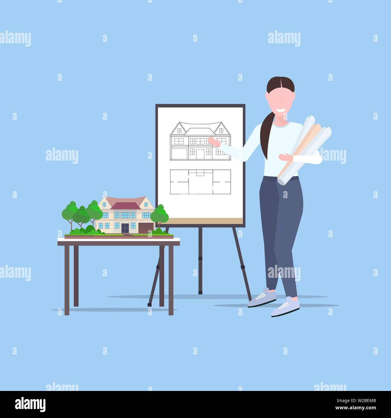 woman architect holding rolled up blueprints female engineer presenting new house project architecture construction industry concept full length flat Stock Vector