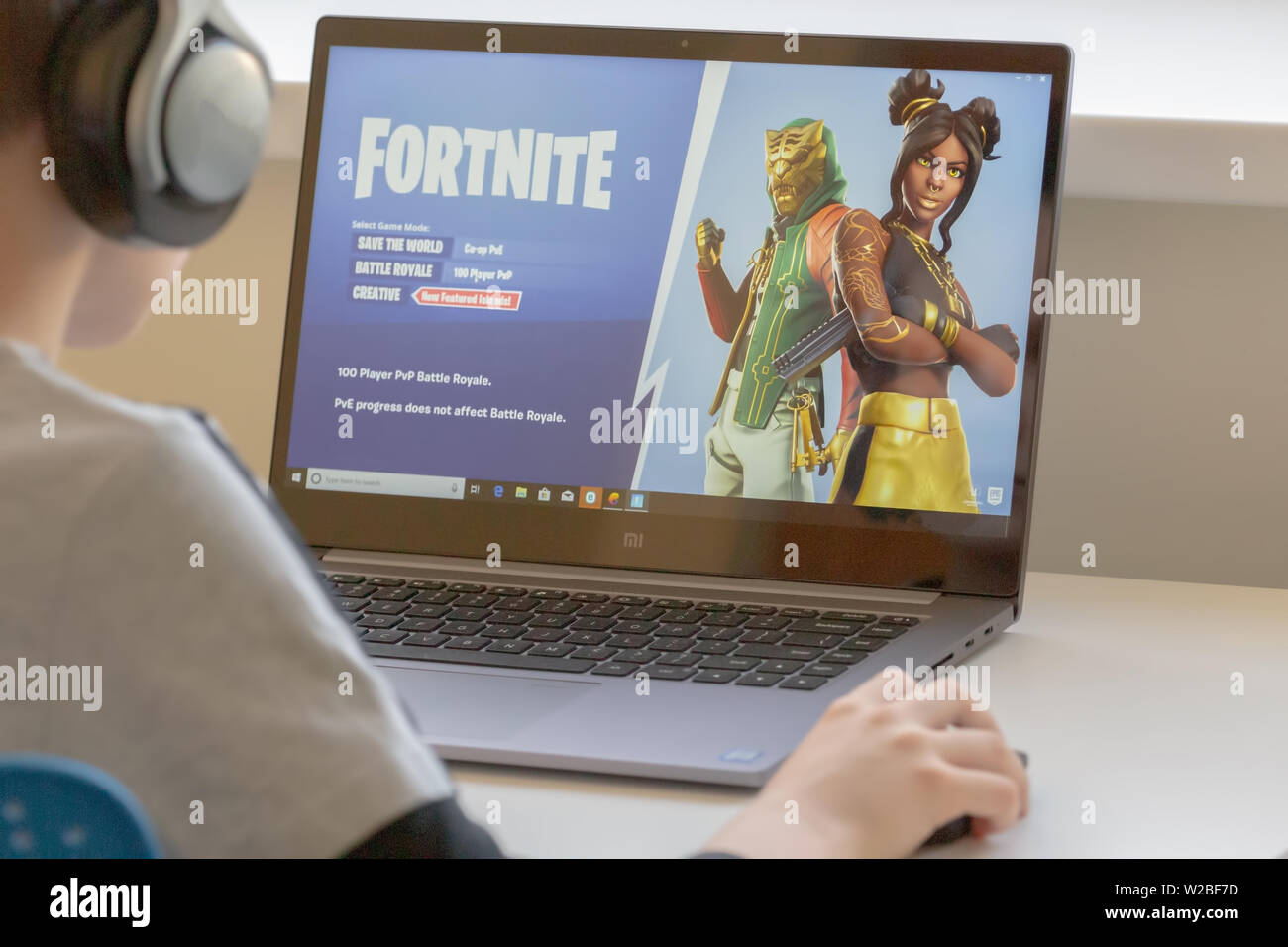 Vilnius, Lithuania July 2, 2019 Boy playing Fortnite game. Fortnite