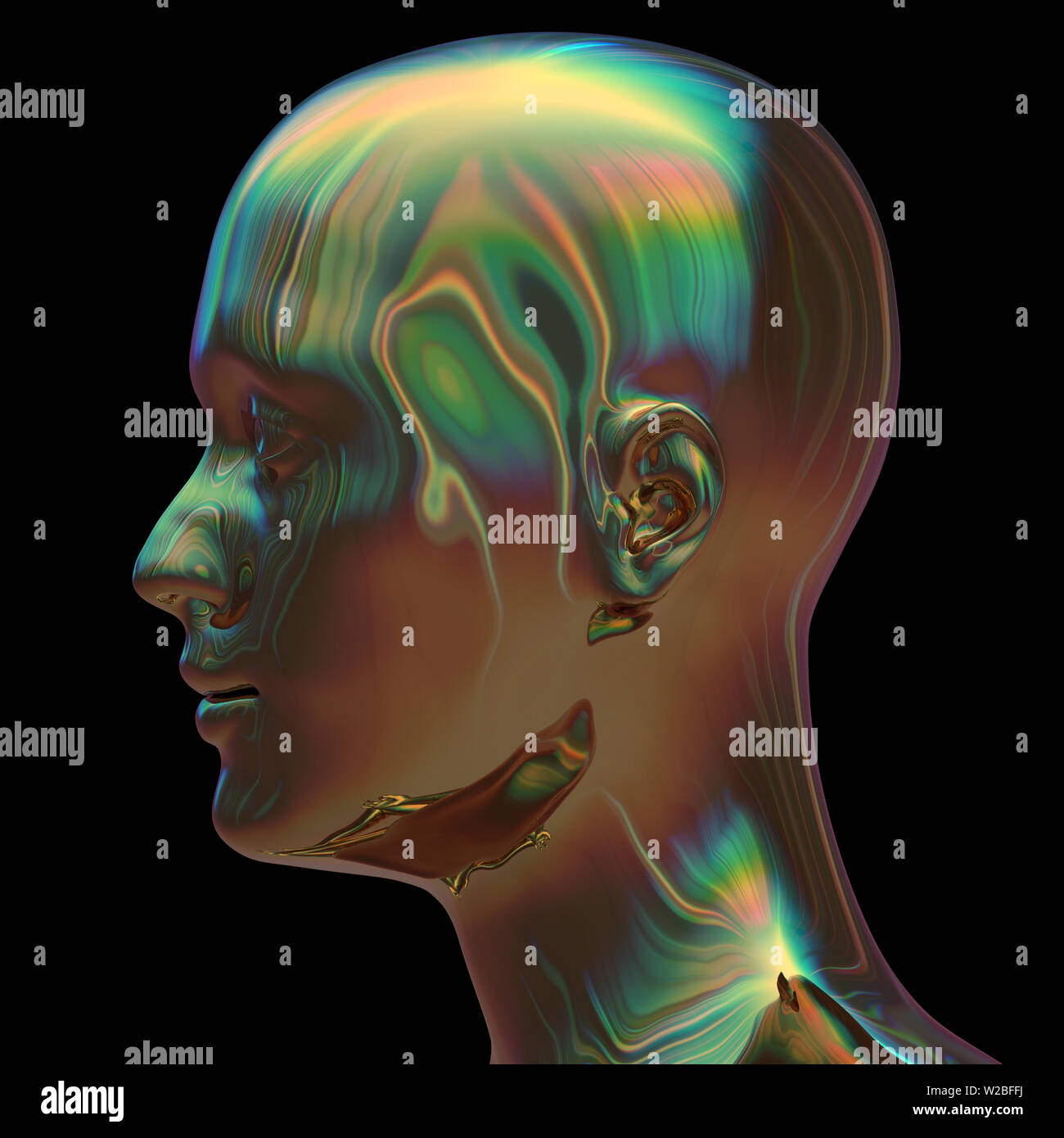 3d illustration of iron man head silhouette stylized metallic colorful reflections. Human profile science fiction creativity concept. Isolated on blac Stock Photo