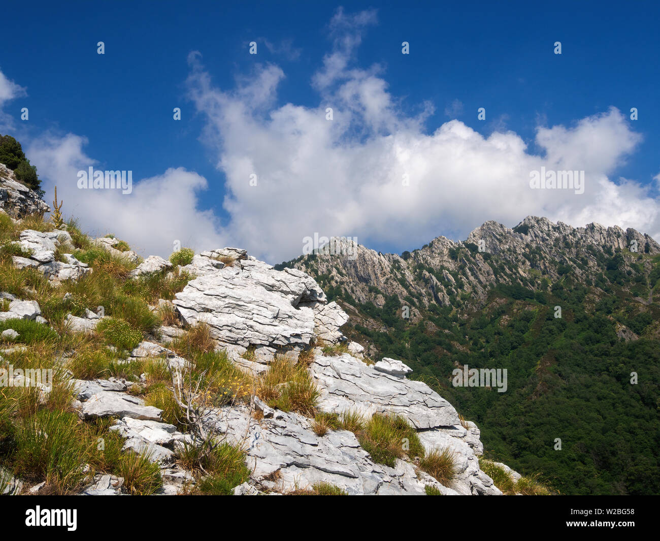 Geological contrasts in the Apuan Alps, Alpi Apuane, near the Vestito Mountain Pass. Massa Carrara, Italy, Europe Stock Photo