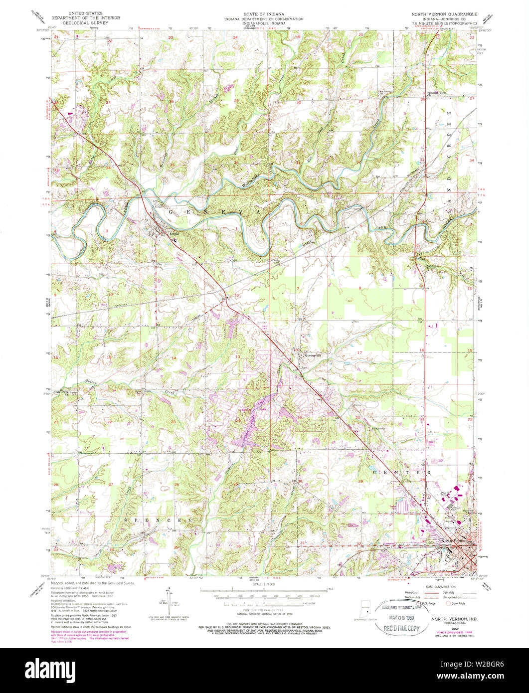 USGS TOPO Map Indiana IN North Vernon 159333 1957 24000 Restoration Stock Photo