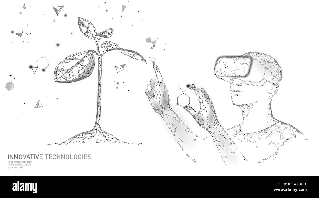 DNA evolution modern engineering technology. Augmented reality helmet vr glasses. Ecology nature gene innovation concept. GMO gene engineering plant Stock Vector