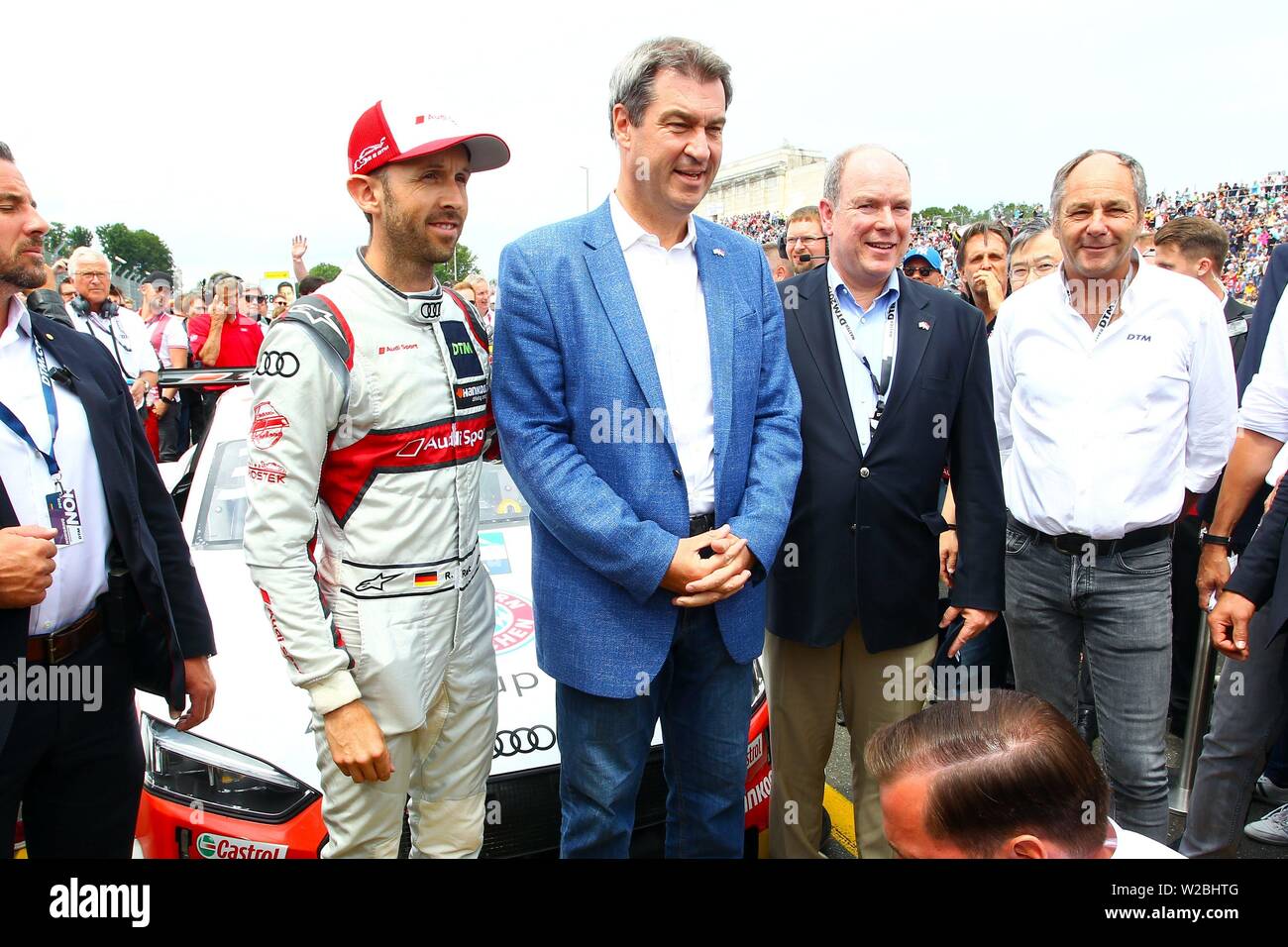 Nuremberg, Deutschland. 07th July, 2019. Nuernberg, Germany 5-7 July 2019: DTM Norisring - Race 2 - 2019 Prince Albert of Monaco with Bavarian Minister Markus Soeder on the grid with René Rast (Audi Sport Team Rosberg # 33) and DTM boss Gerhard Berger | usage worldwide Credit: dpa/Alamy Live News Stock Photo