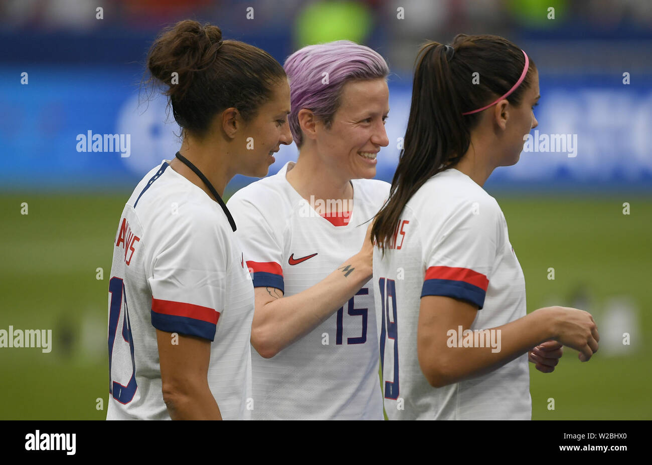 picture Carli Lloyd Alex Morgan Megan Rapinoe https www alamy com dcines charpieu france 7th july 2019 football women wm usa netherlands final round final stade de lyon carli lloyd from the usa l r stands next to megan rapinoe and alex morgan photo sebastian gollnowdpa credit dpa picture alliancealamy live news image259640360 html