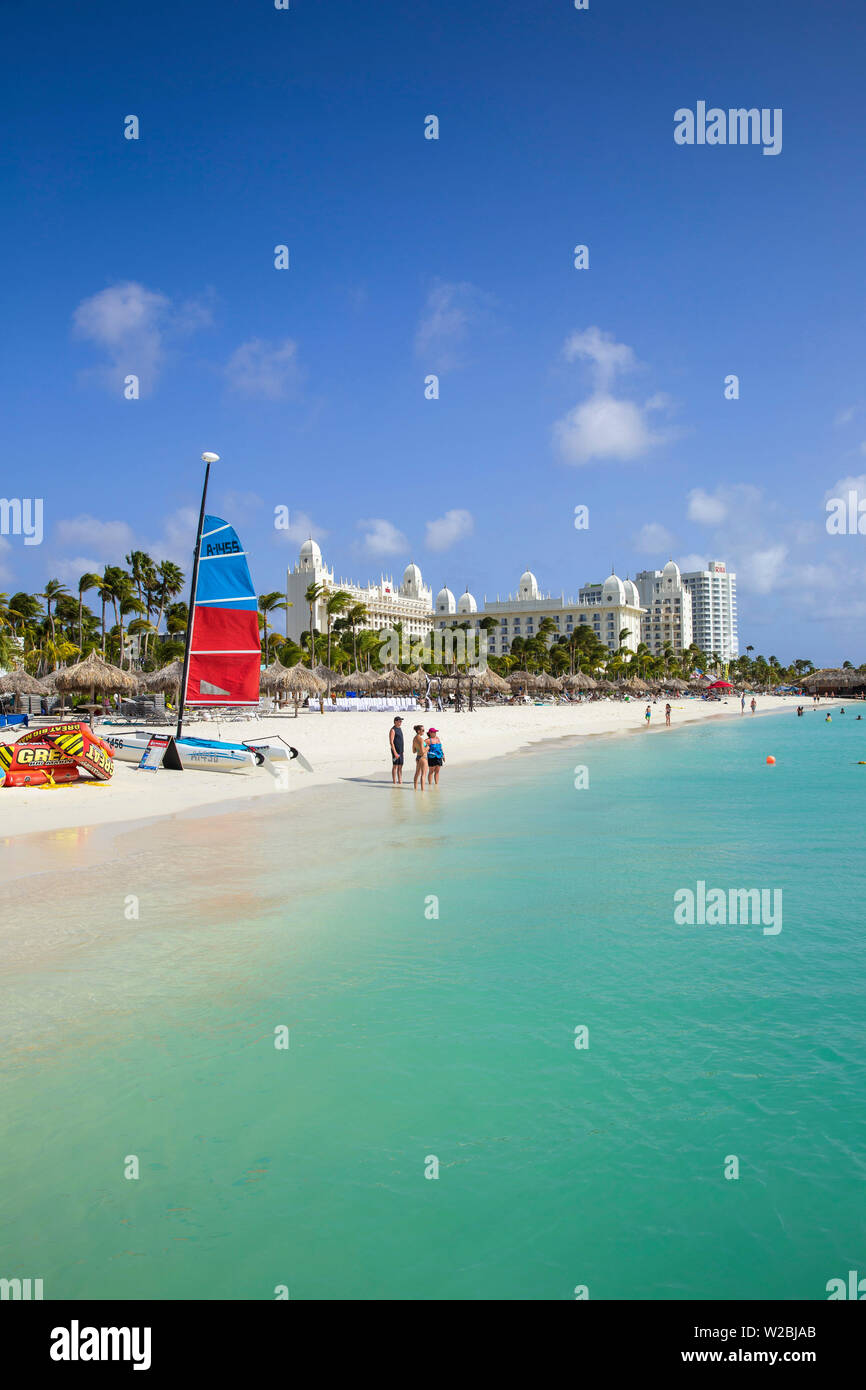 Caribbean, Netherland Antilles, Aruba, Palm beach, View towards Hotel Riu Palace Stock Photo