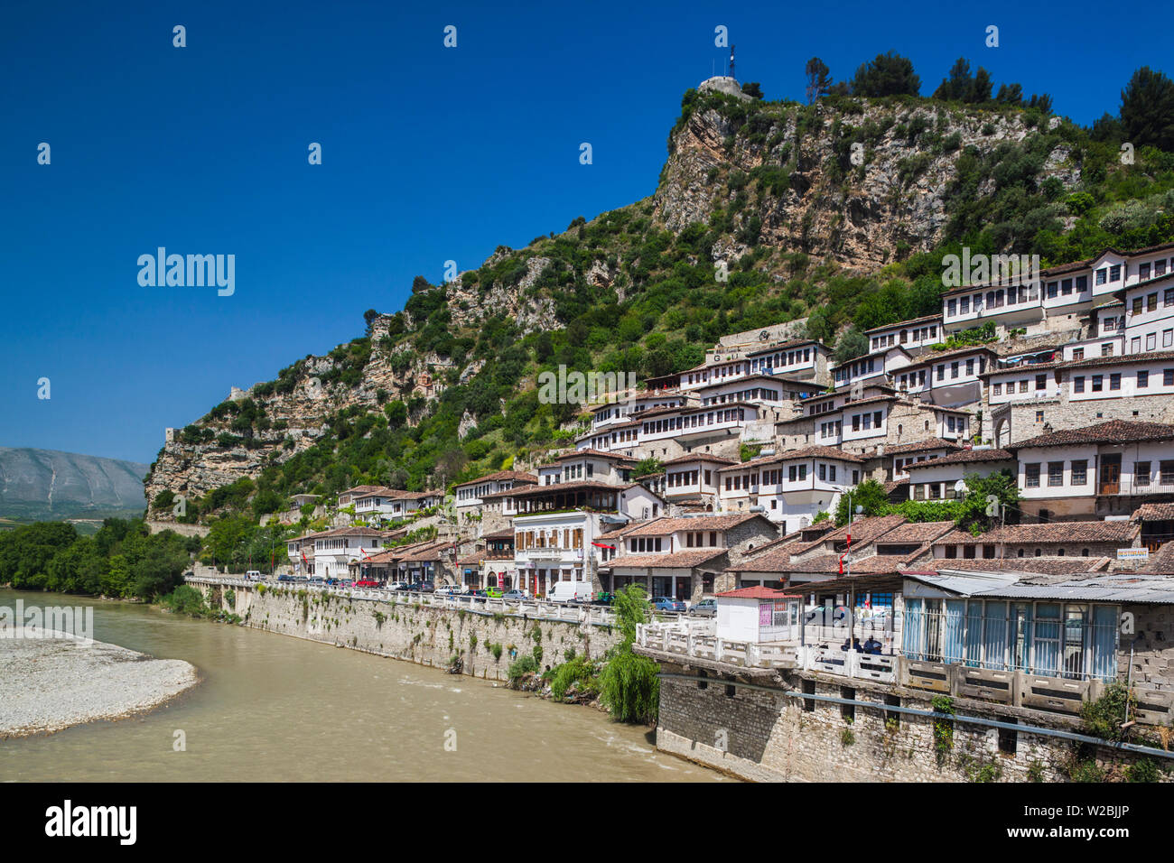 Albania, Berat, Ottoman-era buildings and Kala Citadel Stock Photo
