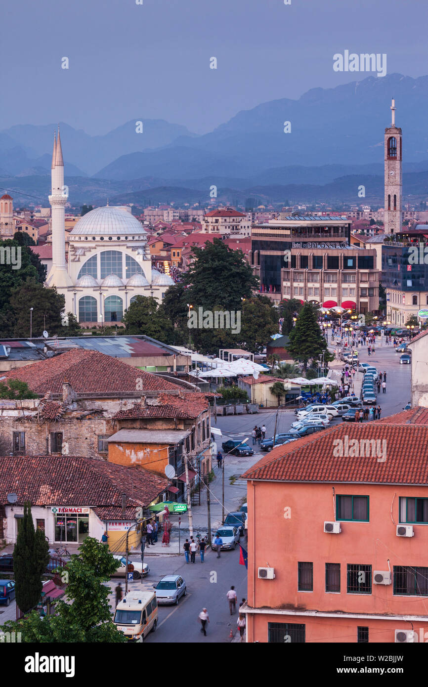 Albania, Shkodra, Dugajte e Reja, New Shops area, El Zamil Mosque, elevated view, dusk Stock Photo